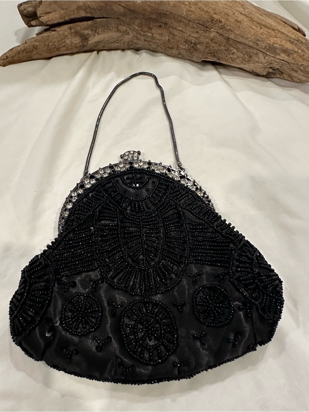 Elegant Black Beaded & Rhinestone Evening Bag